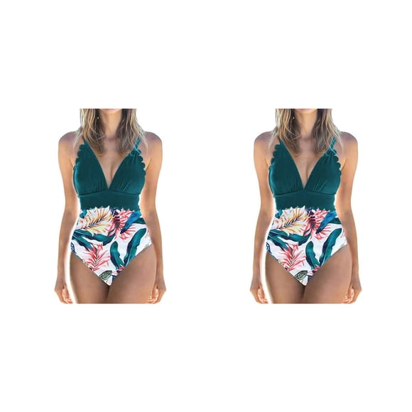 Traje de baño Yuarrent de mujer Sin mangas Espalda abierta Acolchado Body Impreso Azul + Flor roja S