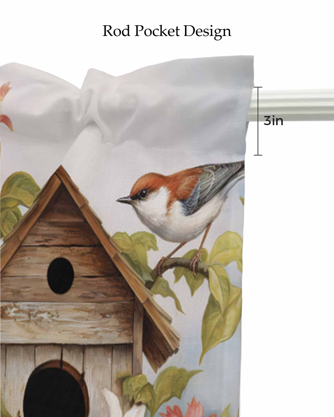Birdhouse Linen Curtain Valance for Bedroom/Bathroom/Kitchen/Office/Living/Dining Room Window,Farmhouse Leaves Country Vintage Animal Rod Pocket Topper Decorative Cafe Drapes Panel 54"x18"