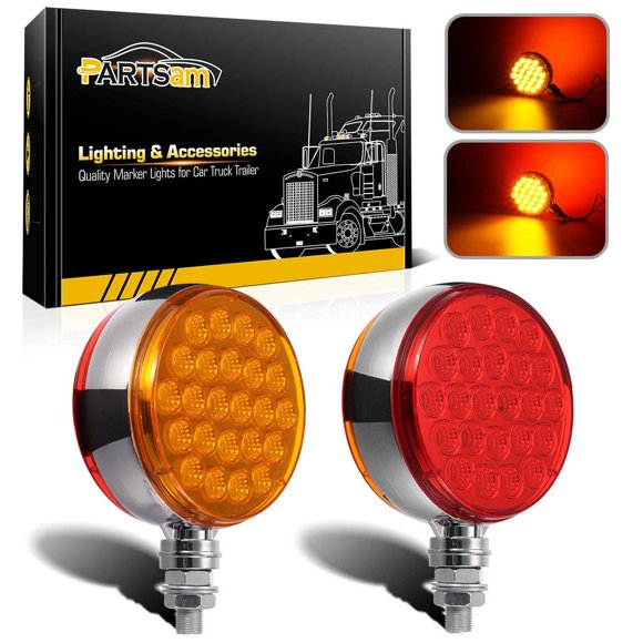 Partsam 2pc 4" Round Double Face Single Stud Mount Pearl Red/Amber 48 LED Pedestal Fender Reflective Lights w Chrome Housing Sealed Replace
