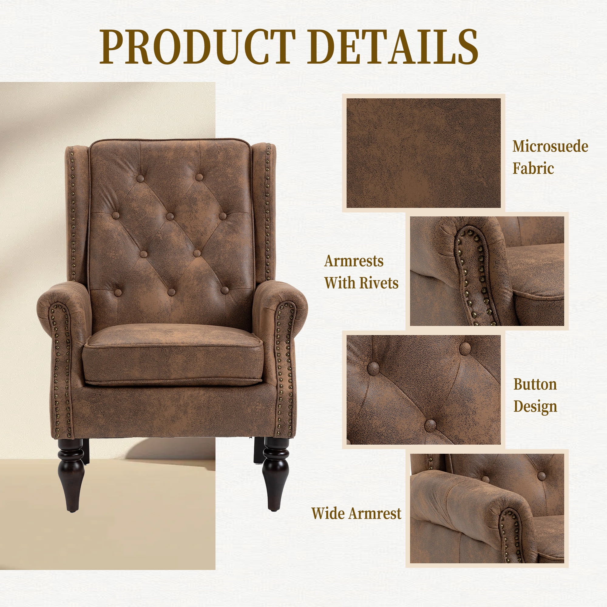 Miniyam Microsuede Armchair with Wood Frame, Modern Accent Chair Lounge Chair with Sturdy Wood Legs, for Living Room Bedroom,Coffee