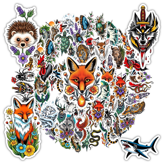 35pcs-50pcs Artistic Animal Stickers Fantasy Wildlife Stickers Tattoo Nature Stickers for Laptops Fridge Luggage