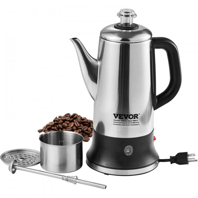 Cafetière Percolateur Électrique 12 Tasses, Percolateur en Acier Inoxydable 304 avec Fonction Maintien au Chaud et Poignée Résistante à la Chaleur, Cafetière Classique, Infusion Rapide et Versement Facile, Argent