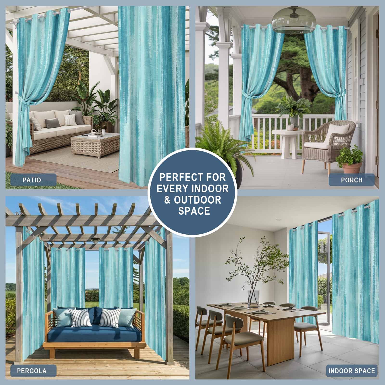 Cyan Paint Outdoor Curtains for Patio, Modern Abstract Blue Green Stripes Sunshade Privacy Drapes Grommet Waterproof Outside Curtains for Porch/Cabana/Balcony 54"x 108", 1 Panel