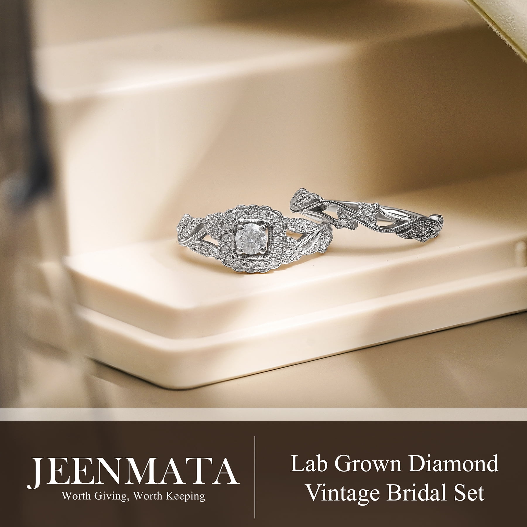 JeenMata Round Cut Lab Grown Diamond - Art Deco Style - Wedding Ring Set in 18K White Gold Plating for Women