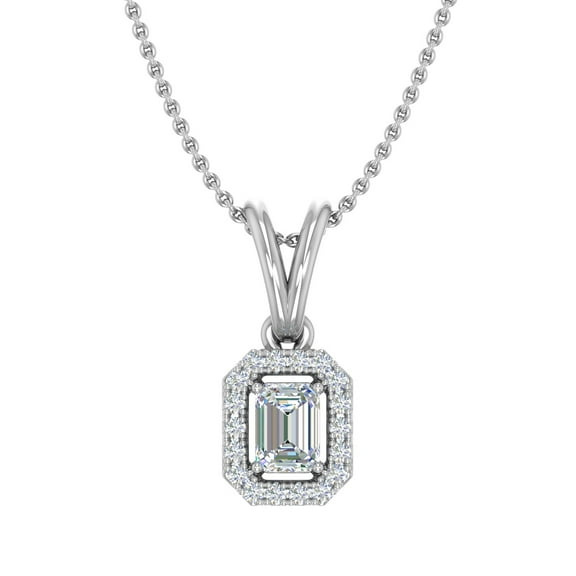 1/4 Carat Emerald Cut Halo Diamond Pendant Necklace in 14K White Gold
