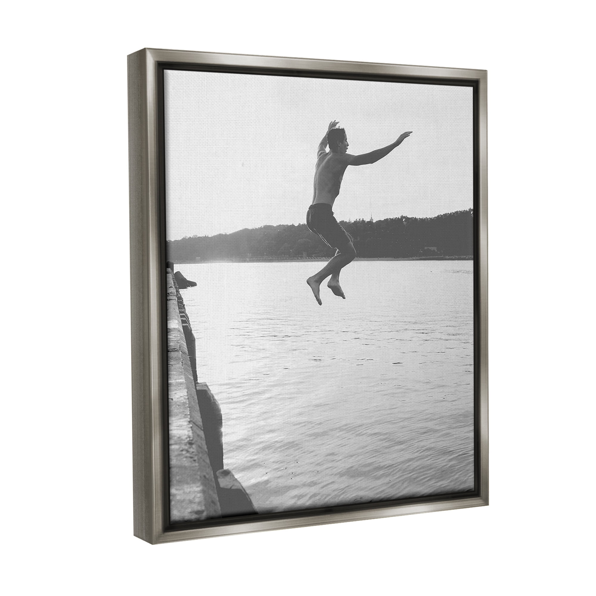 Stupell Industries Jumping in Lake Photography Landscape Photography Gray Floater Framed Canvas Art Print Wall Art, 17 x 21