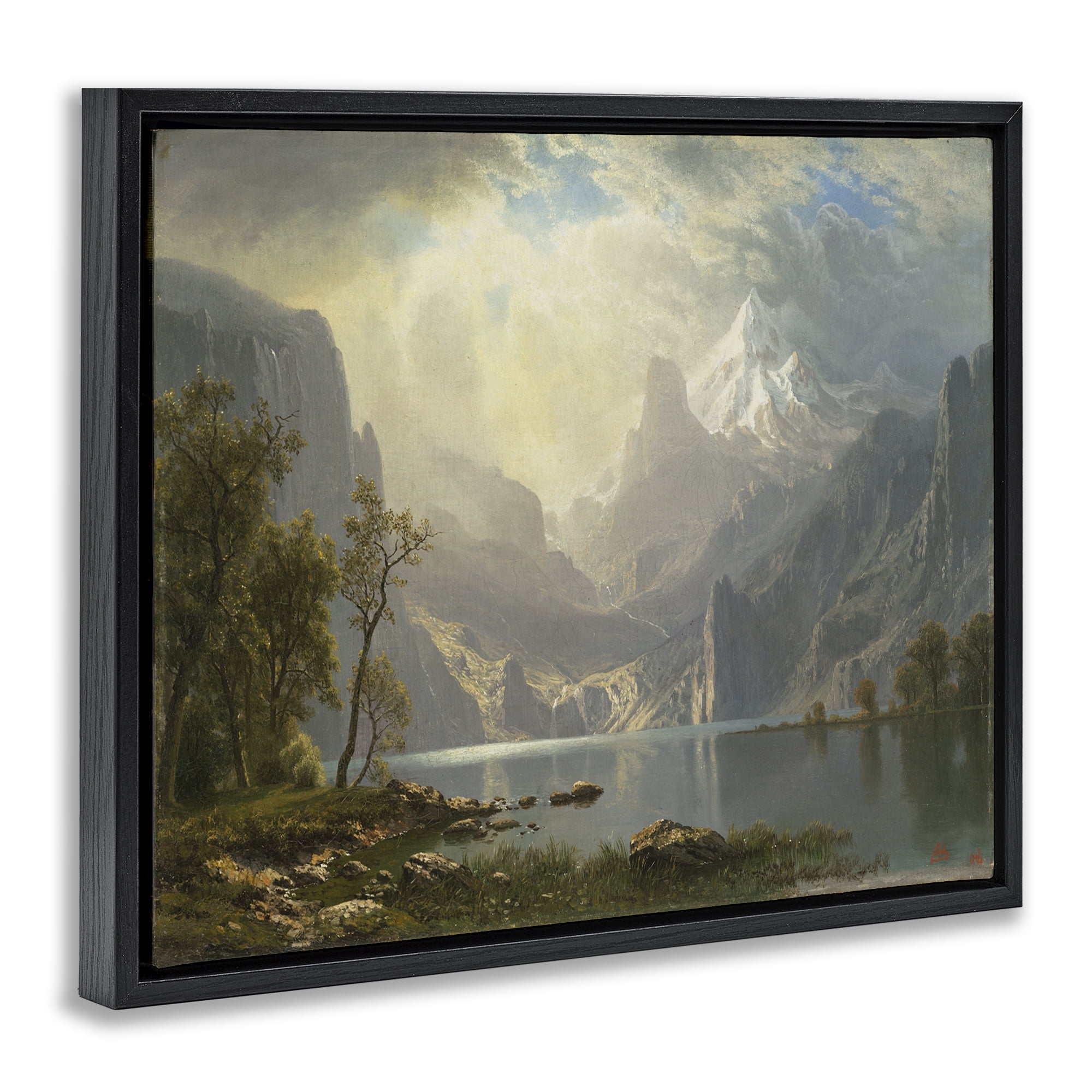 Stupell Industries Classic Bierstadt View on Mountain Landscape & Nature Painting Black Floater Framed Canvas Art Print Wall Art, 21 x 17