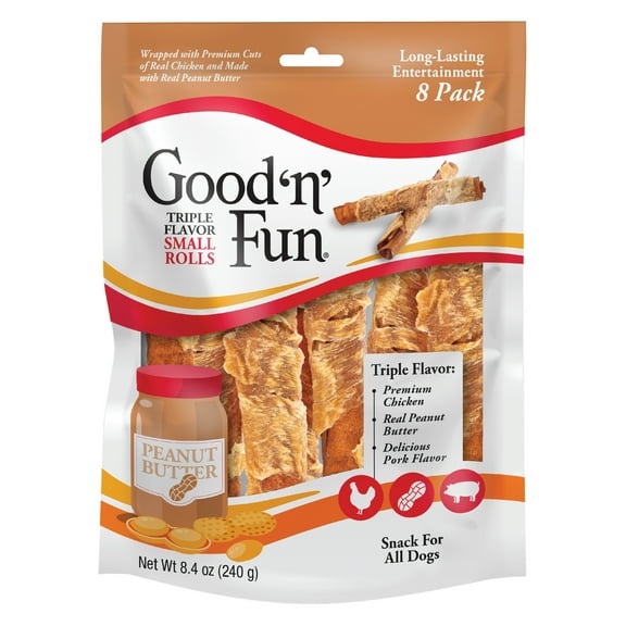 Good ’n’ Fun Triple Flavor Small Rolls with Peanut Butter, Rawhide Chews for All Dogs, 8 Count