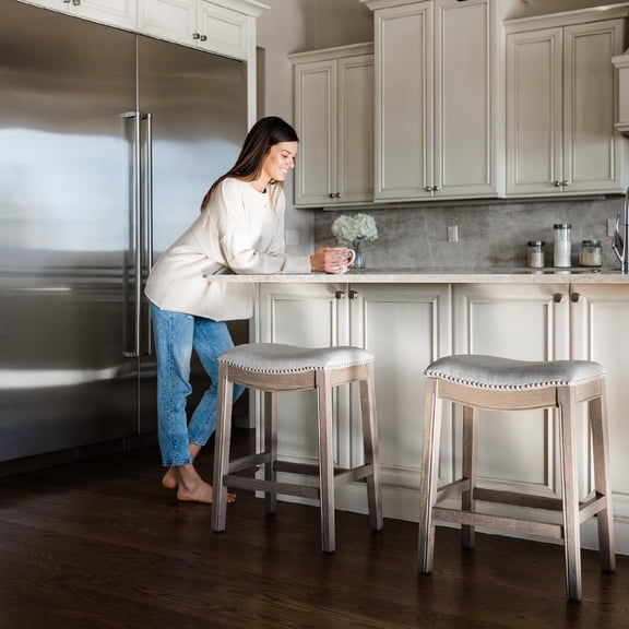 Adrien Backless Counter Stool – 26 Inches  Solid Wood Frame & Fabric Upholstery with Footrest for Kitchen Islands