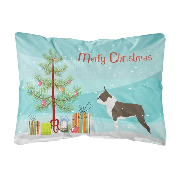 Carolines Treasures BB2962PW1216 Boston Terrier Merry Christmas Tree Canvas Fabric Decorative Pillow, 12H x16W,