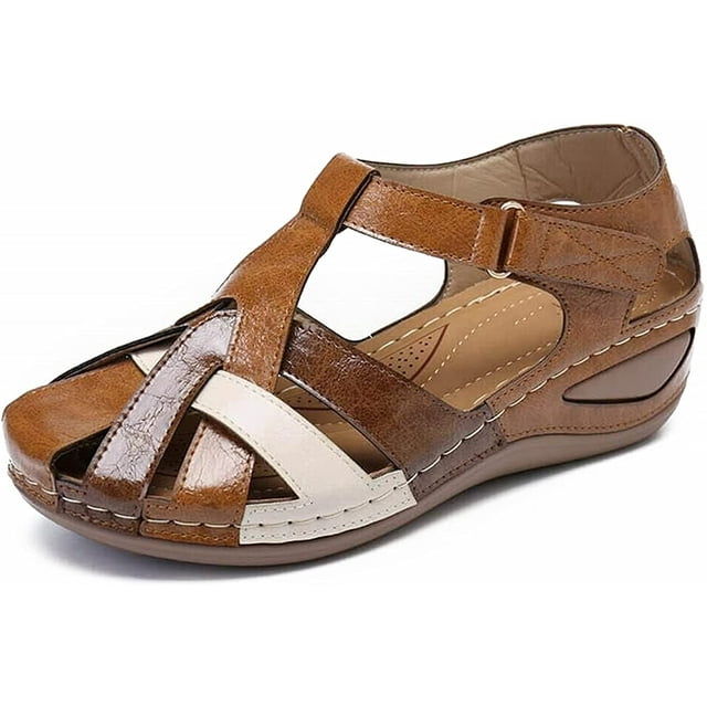 Lollita Sandales Orthopédiques Plus, Sandales de Soutien de Voûte Plantaire pour Femmes, Sandales Rétro en Cuir PU Confortables Bout Rond pour Femmes Design Protection des Orteils, Chaussures Romaines Décontractées