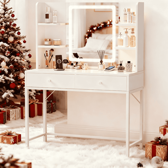Lofka White Makeup Vanity Desk, LED Lighted Mirror Vanity Table with Adjustable Light, Storage Drawers & 4 Open Shelves for Bedroom