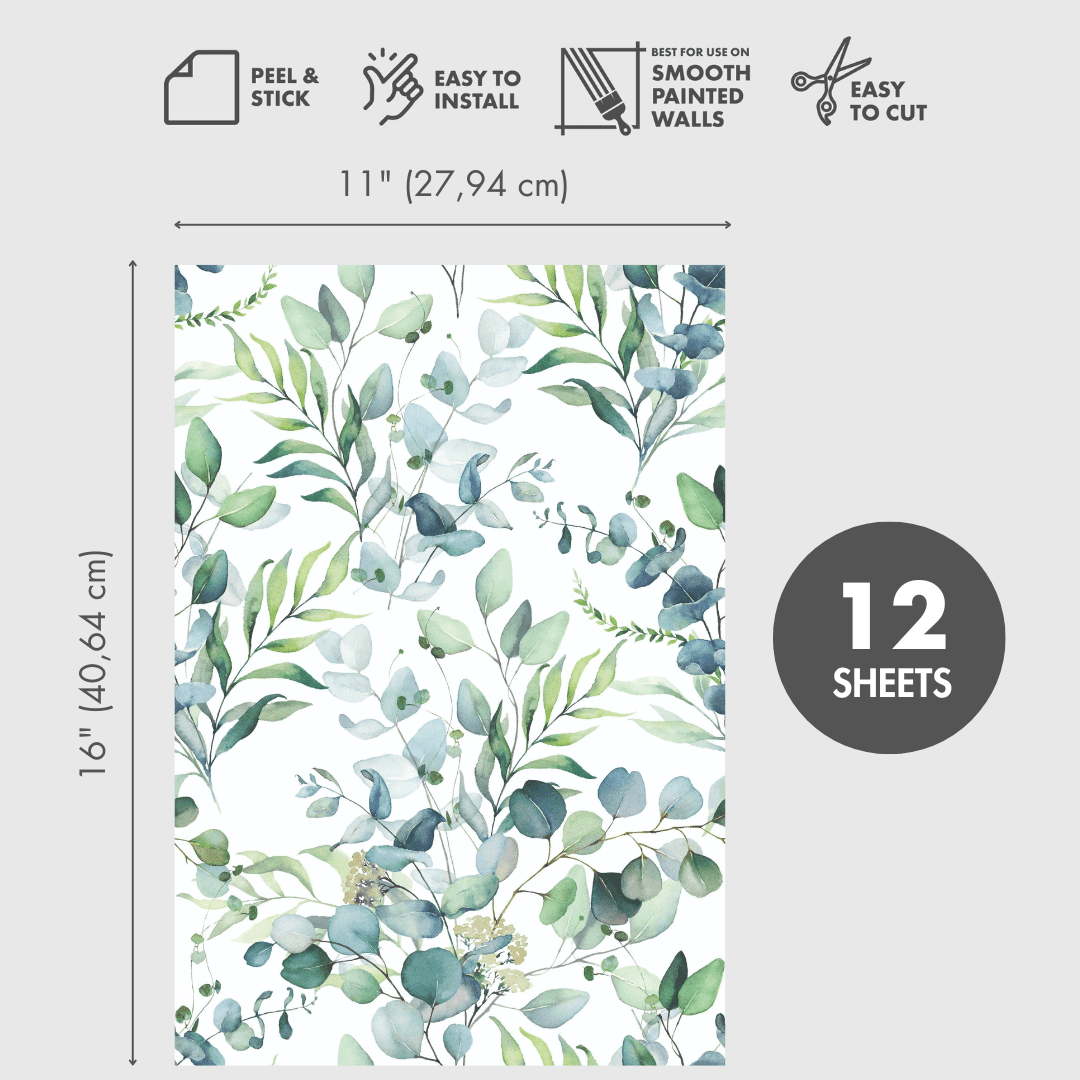 Main Street Peel and Stick Paper Wallpaper Sheets, Eucalyptus Design, 11 in x 16 in, 12 Pack, Removable Paper Wall Covering