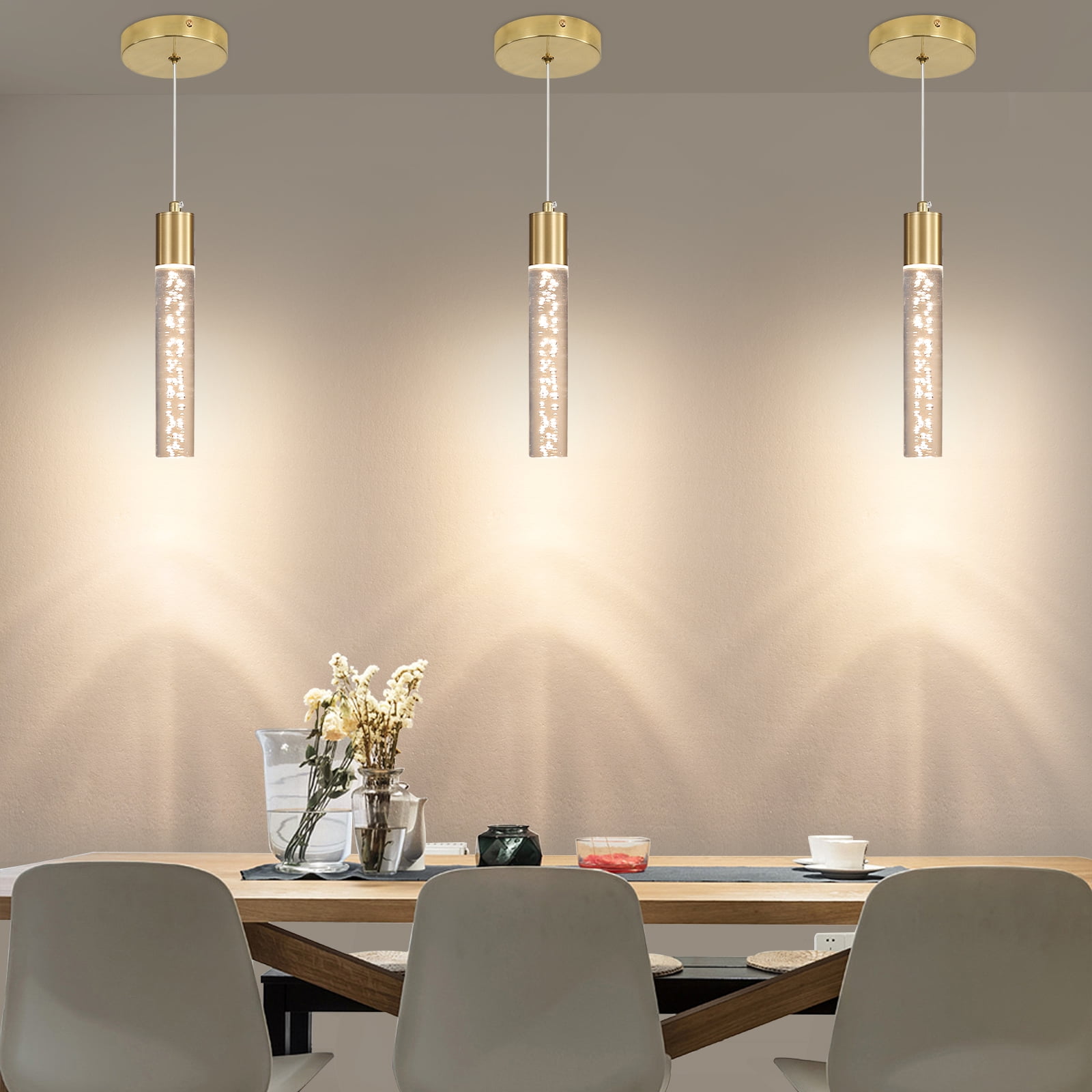 Modern Linear Pendant Light for Kitchen Island LED Hanging Light Fixture with Bubble Acrylic 3 Color 3000K/4500K/6500K Mini Ceiling Chandelier Lighting