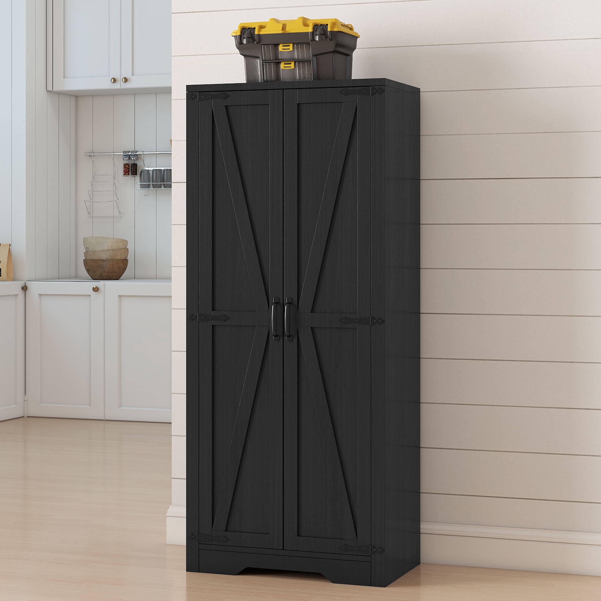 Uforic Utility Storage Cabinet, 55" Tall Wooden Cabinet with Shelves for Kitchen, Office, Garage - Black