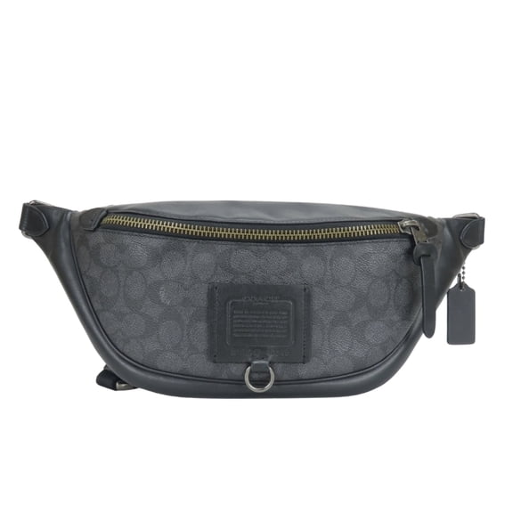 Pre-Owned Coach Signature Body Bag 40345 Leather Black Gray Waist Pouch for Men COACH