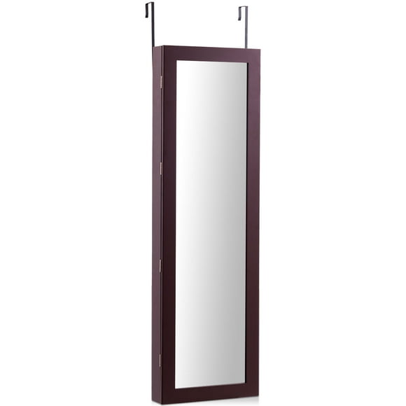 Topbuy Lockable Armoire Dressing Organizer Wall Door Mounted Mirrored Jewelry Cabinet  w/ LED Lights Coffee