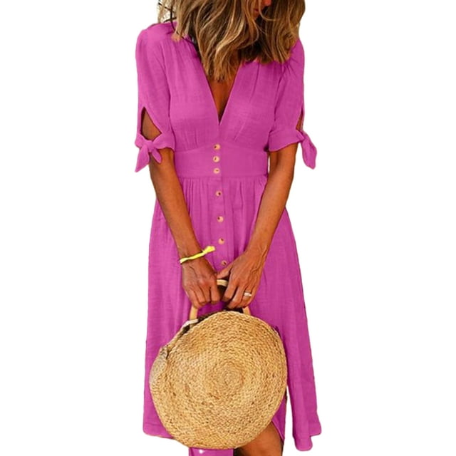 MAWCLOS Robes Femmes Couleur Unie Robe Chemise Boutonnée Robe d'Été Unie Vacances Nœud Violet 5TG