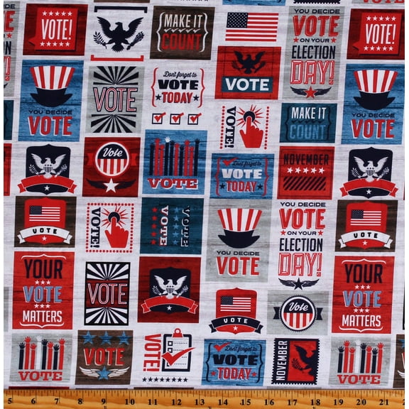 Cotton Voting Day Election Uncle Sam America Ballot Go Vote Patches Grey Cotton Fabric Print by the Yard (01844-99)
