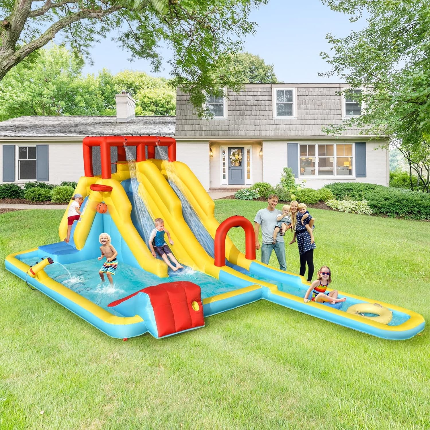 OLAKIDS Inflatable Water Slide, 7 in 1 Bounce House with 2 Slides, Climbing Wall, Splash Pool, Basketball Rim, Water Blaster, Outdoor Water Park with Carrying Bag, Repairing Kit, Hose