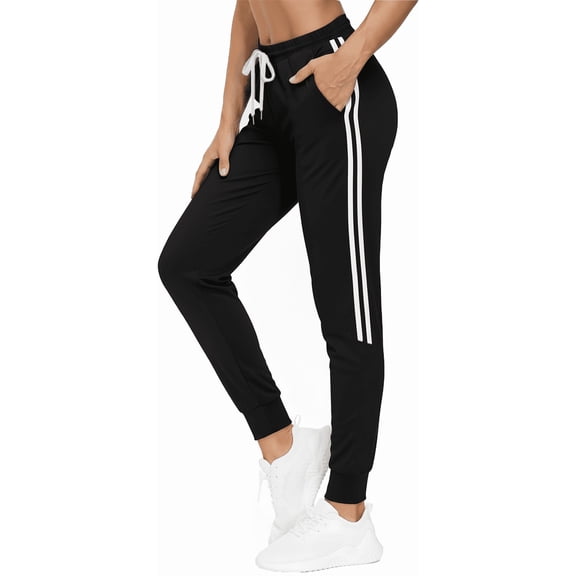 MLDRA Womens Sweatpants Joggers with Pockets Bottom Track Lounge Pant Lady Athletic Gym Lounge Pants Side Stripe for Workout Running Black