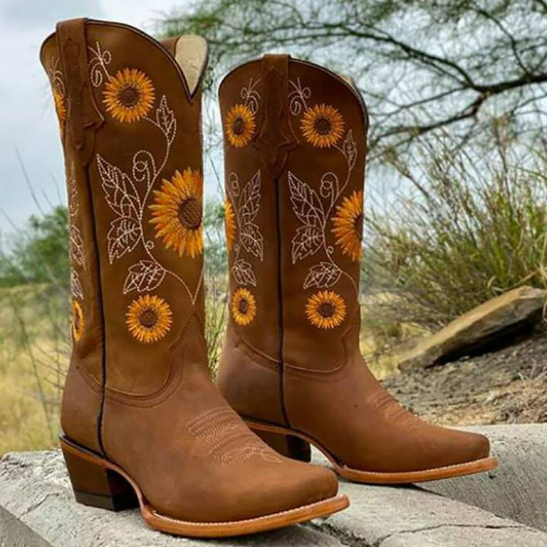 Western Boots Chunky Heel Embroidered Cowboy Boots Square Toe Boots for  Women