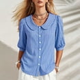 thumbnail image 6 of Vivianyo HD Women's Striped Peter Pan Collar Blouse, Puff 3/4 Sleeve Button Top for Women, Women's Blue, Sizes S-2XL, 6 of 8