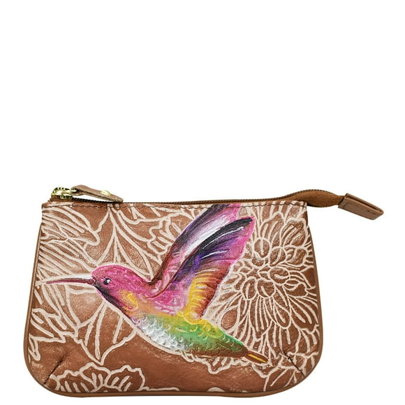 Anuschka Pochette Zippée en Cuir Véritable pour Femmes avec Porte-Clés Uvre d'Art Originale Peinte à la Main Oiseaux Instrumentés Beige