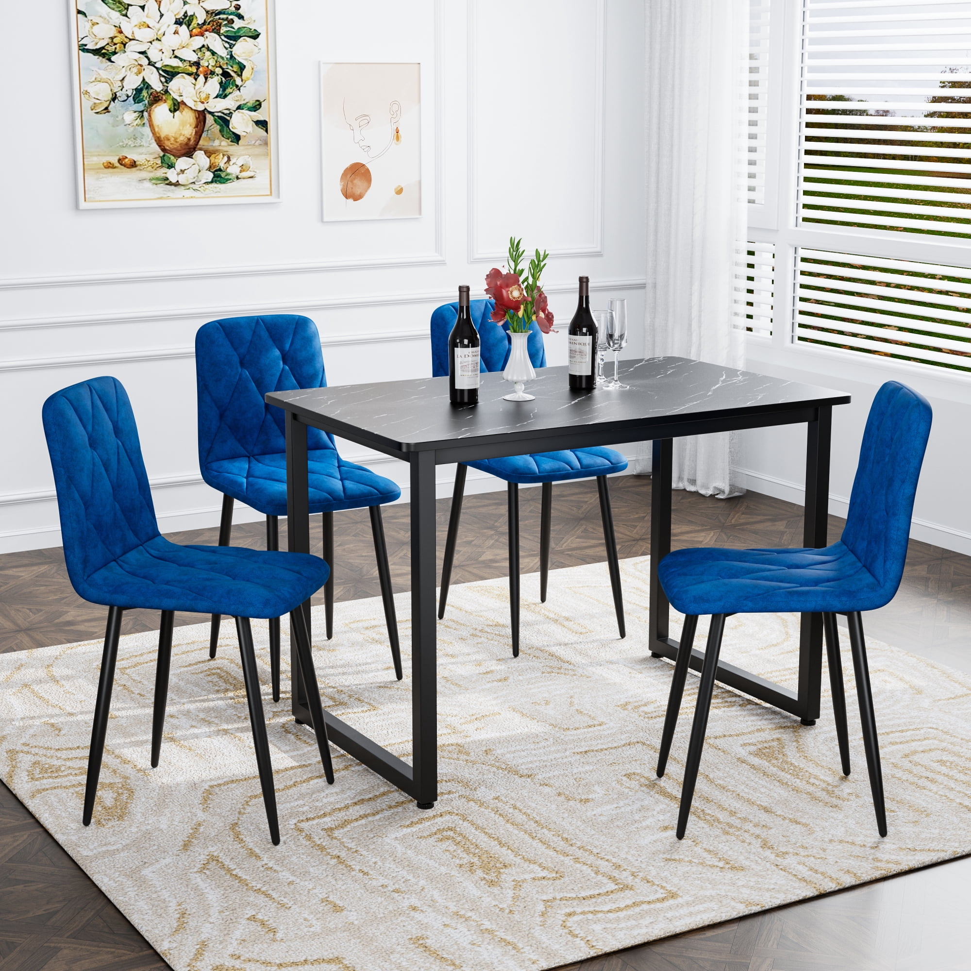 Dining Chairs Set of 4,Kitchen & Dining Room Upholstered Chairs with Metal Legs,Blue+Velvet