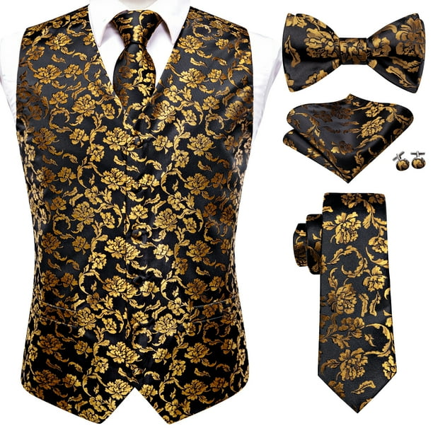Chalecos dorados de lujo para hombre, chaleco de seda rojo, azul, verde y dorado, pajarita, conjunto de gemelos y pañuelo, chaqueta de cintura para hombre, corbata alta para boda y oficina