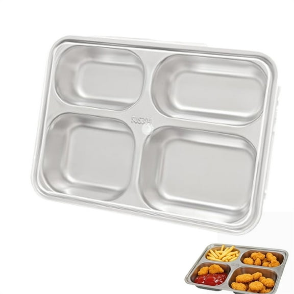 Triani 1Pack Stainless Steel Rectangular Divided Tray Plate Reusable Meal Prep Lunch Containers Divided Food Containers with Plastic Lid-4 Sections