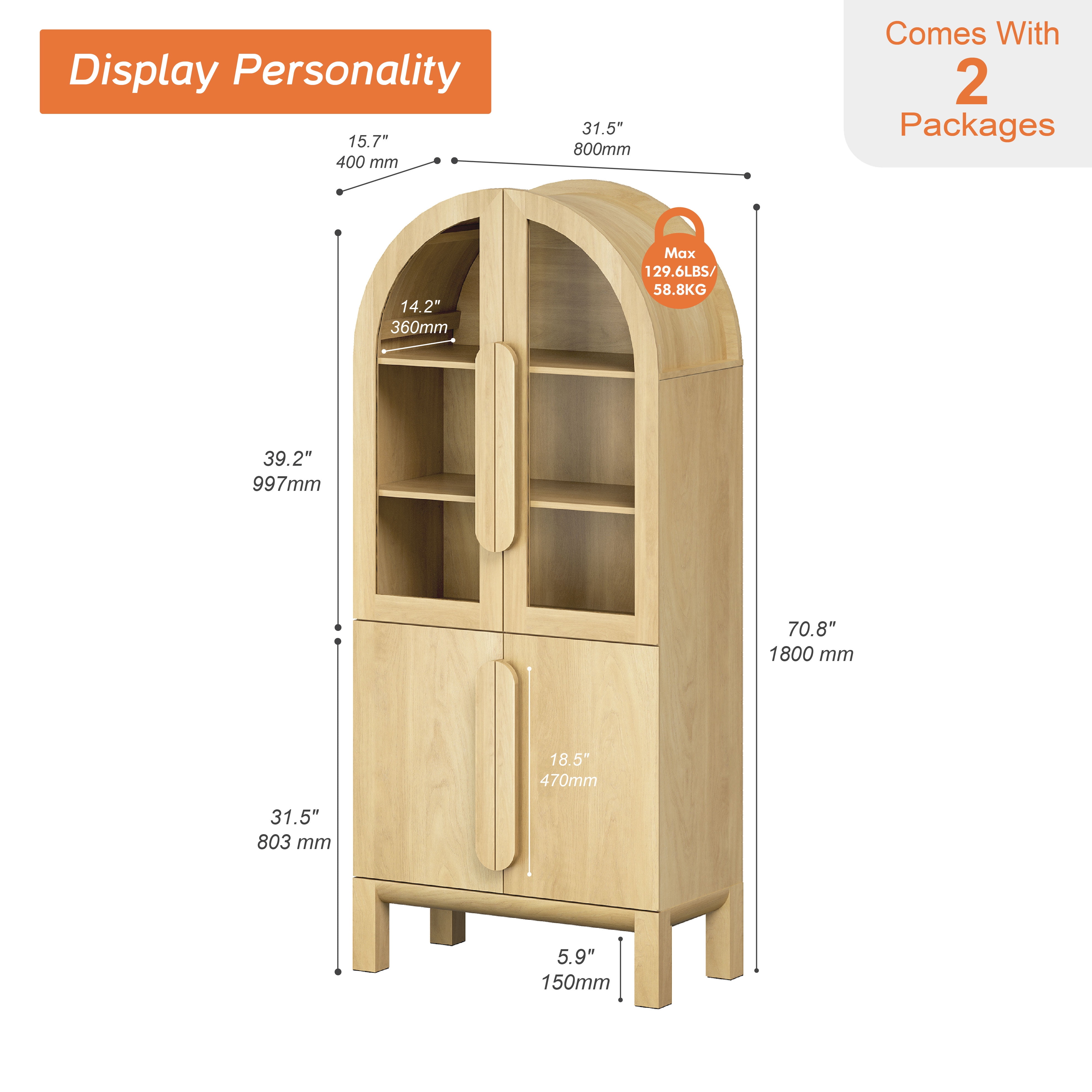 71" Tall Arched Kitchen Pantry Cabinet, Wood Bookcase Display Cabinet With Glass Doors And Adjustable Shelves, Mid-Century Modern Versatile Cupboard For Dining Room, Bedroom