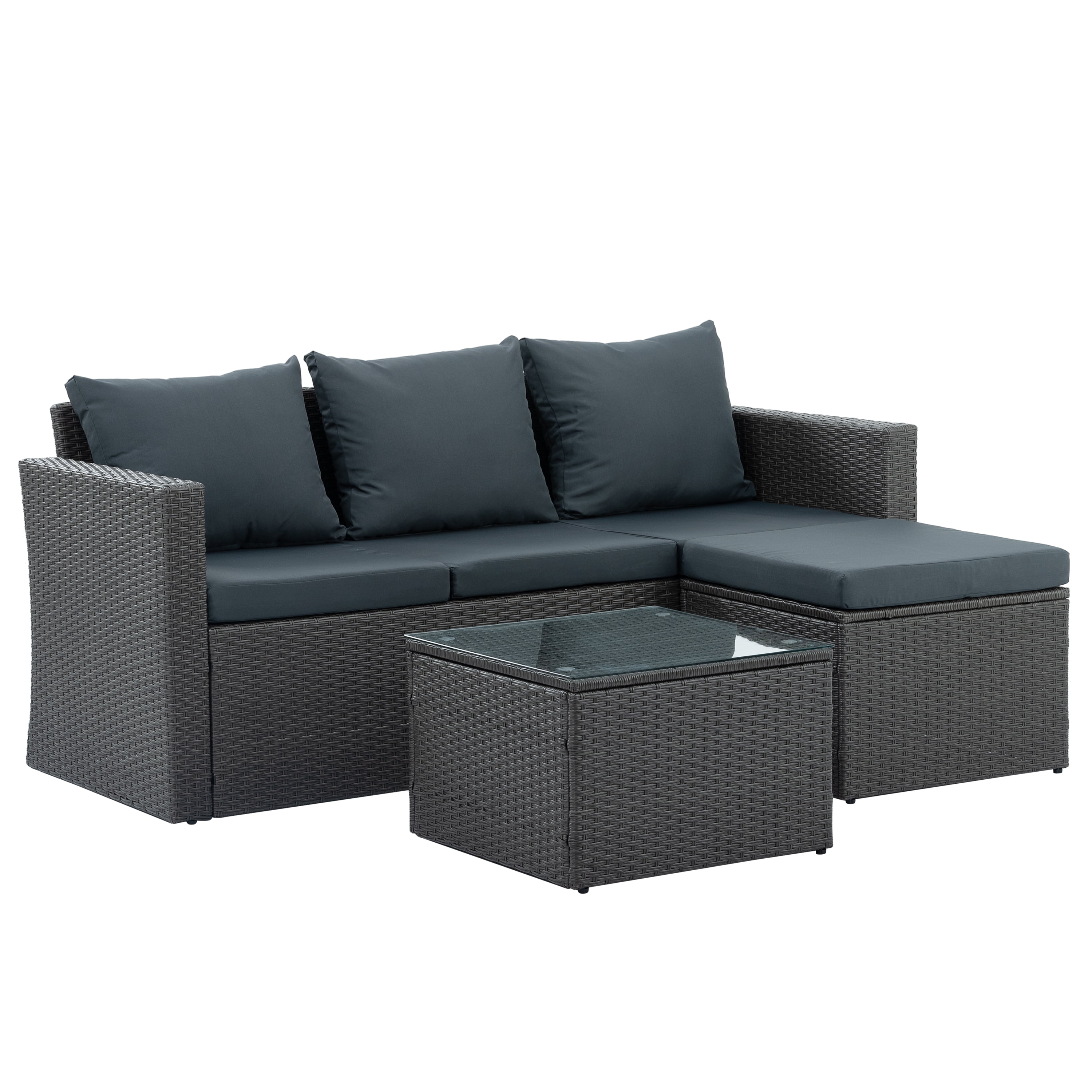 Seizeen Rattan Patio Sofa Set 3 Piece Outdoor Furniture Set with Cushioned Sectional Sofa Glass Table All Weather Wicker Conversation Set Patio