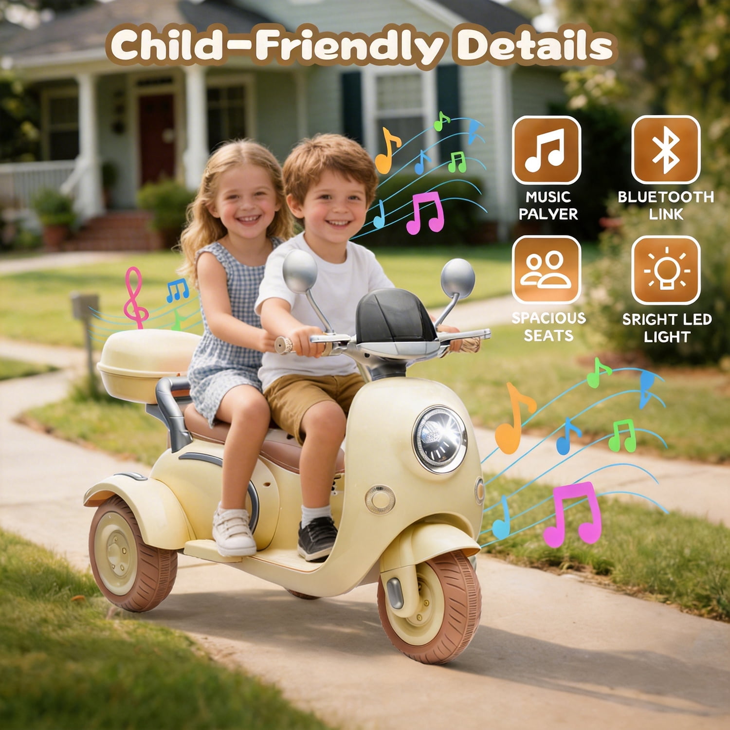 Track Seven 12V Ride on Motorcycle, 2-Seater Electric Motorcycle with Dual Motor, 3 Wheels Motorbike with Bluetooth, LED Lights, Storage Box, Front Hook, Ride on Toy Car for Boys Girls Aged 3+, Beige