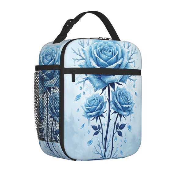 Blue Rose Lunch Box Reusable Thermal Tote Front Pocket Handheld Portable Work Office Picnic Daily Meal Bag