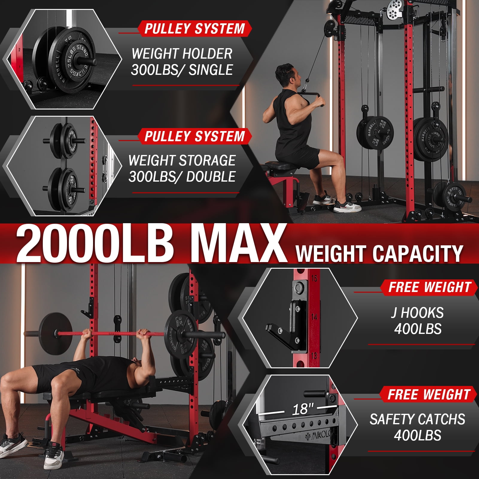 Mikolo Power Cage, Squat Rack with Dual Pulley Cable Crossover System, Multifunction Free Weight Home Gym Workout Machine with Attachments Red
