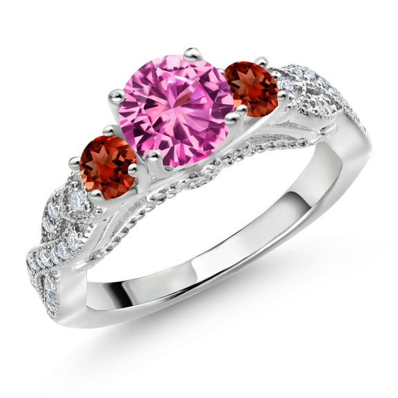 Gem Stone King 925 Sterling Silver Pink Created Sapphire Red Garnet and White Moissanite Engagement Ring for Women (1.57 Cttw, Gemstone September Birthstone, Round 6MM and 3MM, Size 9)
