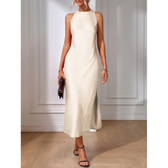 Apricot Sleeveless High Neck Maxi Dress With Fishtail Hem And Side Slit