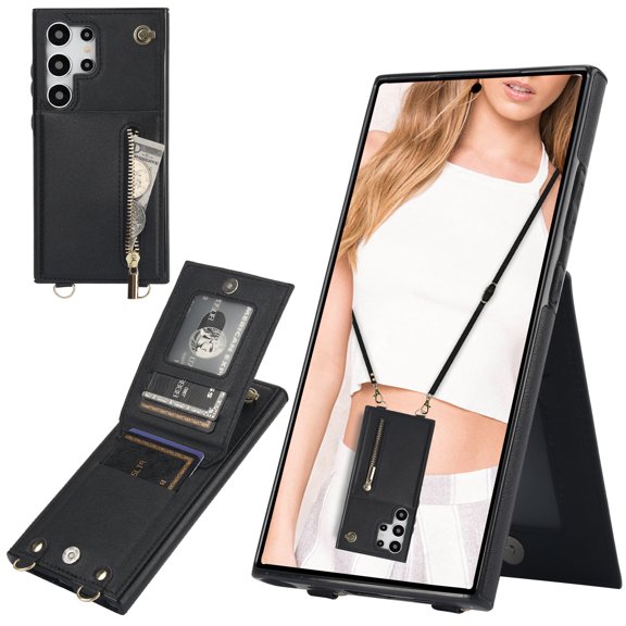 CCSmaller Crossbody Wallet Case for Samsung Galaxy S24 Ultra (Not S24), PU Leather Zipper Handbag Purse Flip Cover with Kickstand Case for Samsung Galaxy S24 Ultra ZP Black