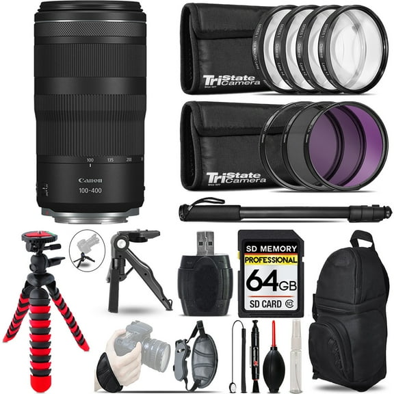 Canon RF 100-400mm f/5.6-8 IS USM Lens   MACRO, UV-CPL-FLD Filter   Monopad - 64GB Accessory Kit (International Version)
