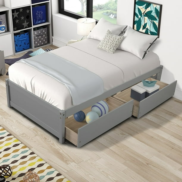 Twin Platform Bed Frame With Drawers, Wood Twin Platform Bed With Drawers
