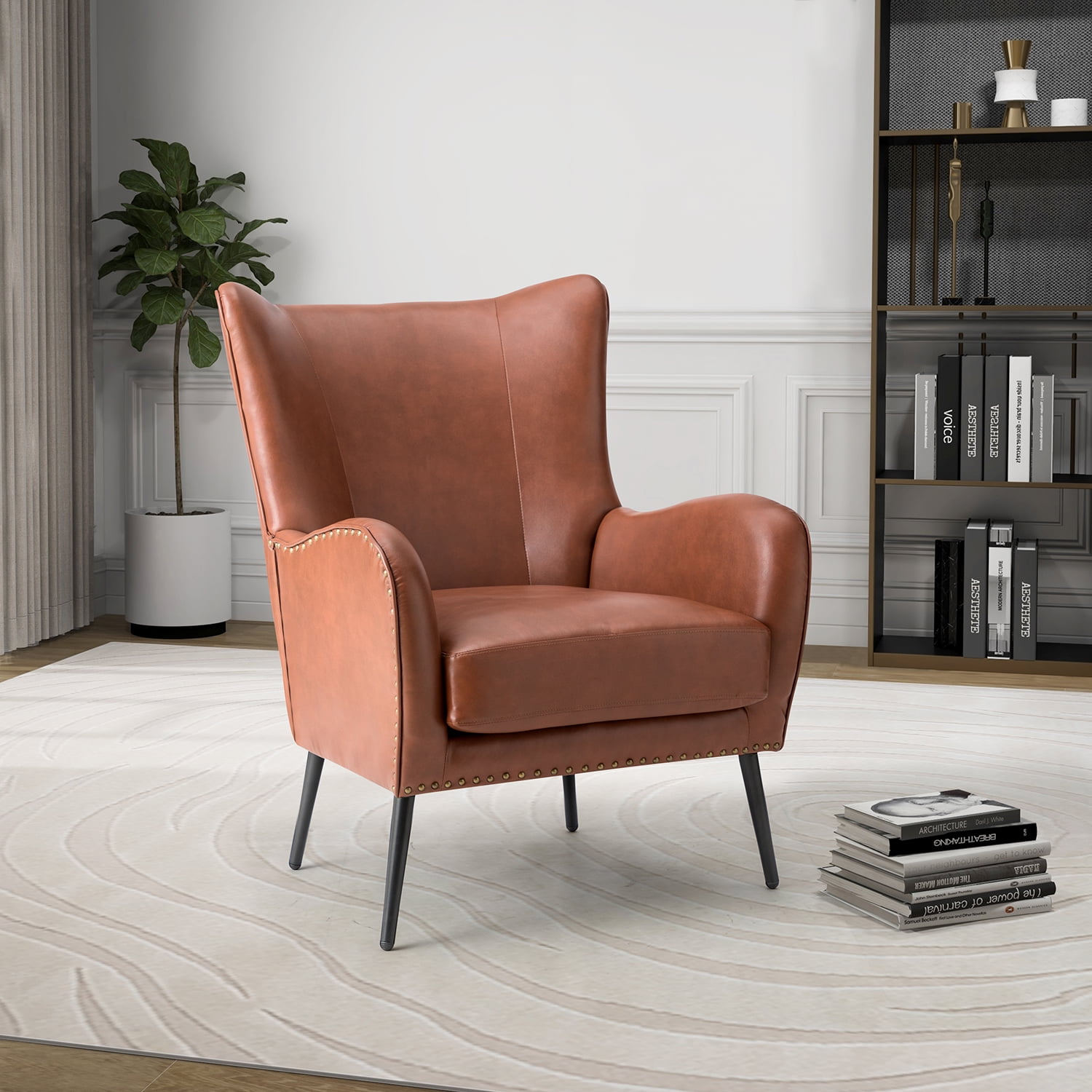 Faux Leather Accent Chair, Comfy Upholstered Armchair with Metal Legs