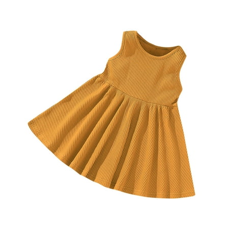 

YWDJ Girl Dresses Toddler Kids Summer Cute Sleeveless Dress Solid Color Vest Dress Yellow 3-4Y