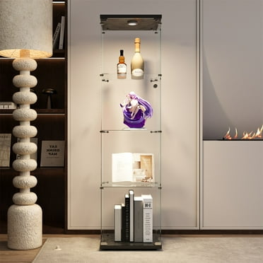 Hommoo Cabinet,LED lights Glass Display Cabinet 4 Shelves with Door, Floor Standing Curio Bookshelf for Living Room,Black