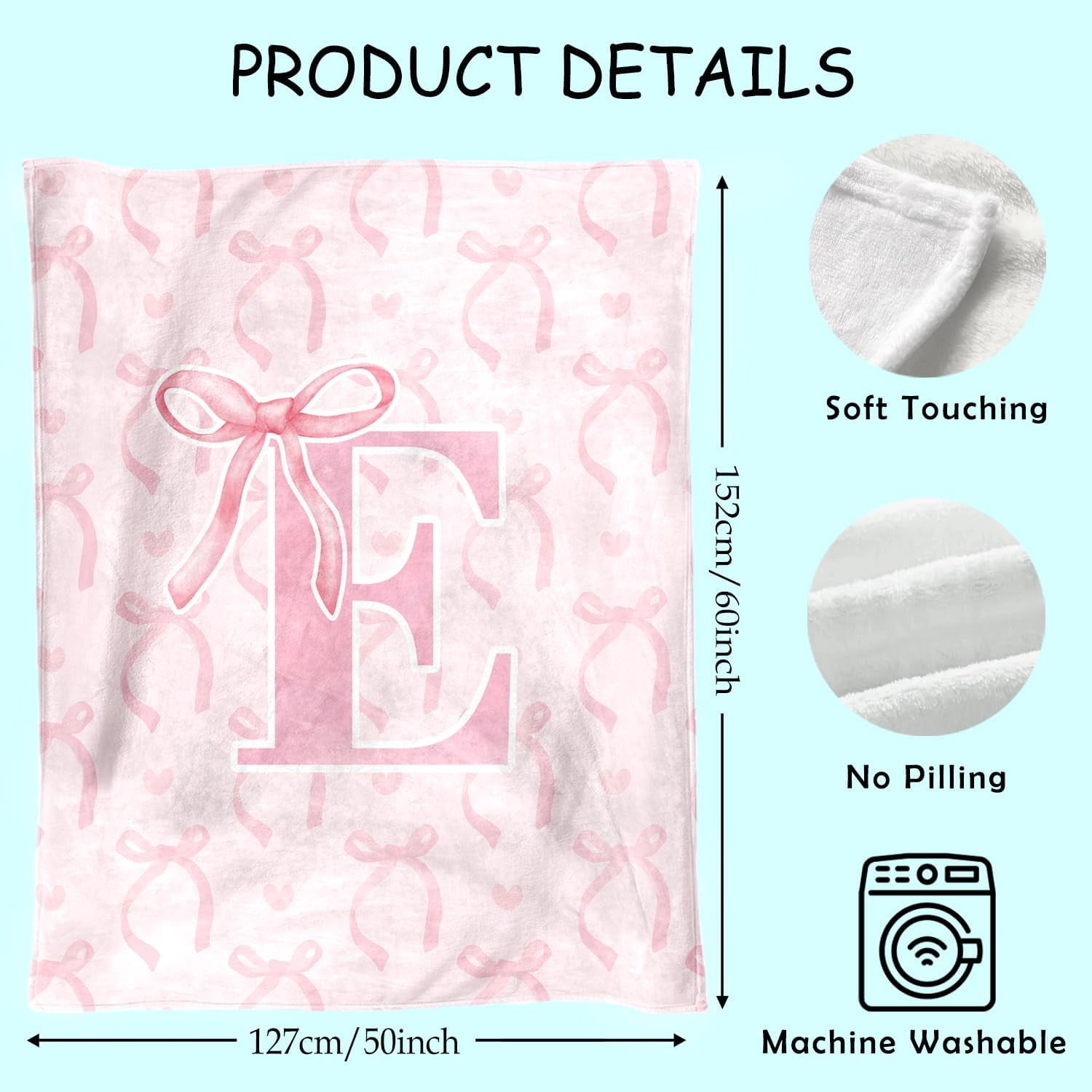 Coquette Pink Bow Throw Blanket, Personalized Initial Alphabet Fluffy Cozy Flannel Blanket, Monogrammed Gifts for Women, Unique Customized Blanket for Her Girls Christmas Birthday