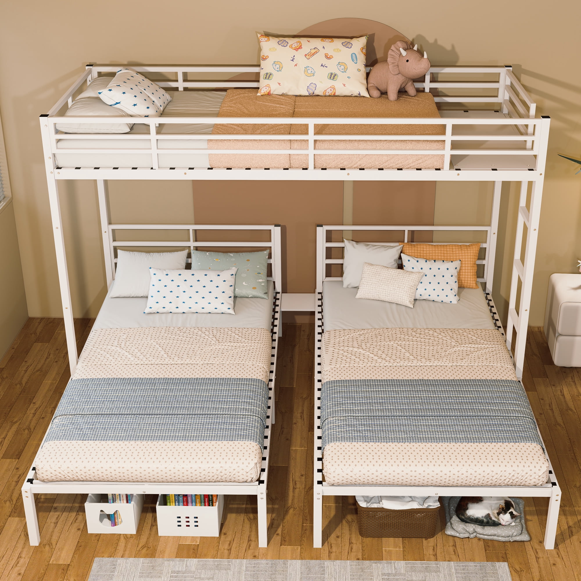 Mintazer L-Shaped Triple Twin Bunk Bed, Detachable Metal Bunk Bed Frame with Ladder & Guardrail for Teen Adult Bedroom Dormitory, White