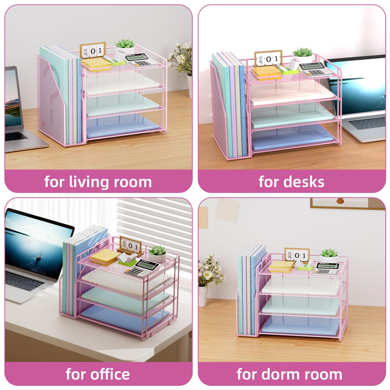 Marbrasse Desk Organizer ，4-Tier Paper Letter Tray Organizer with File Holder， Workspace Desktop Organizers for Home Office Desk Supplies (Pink)