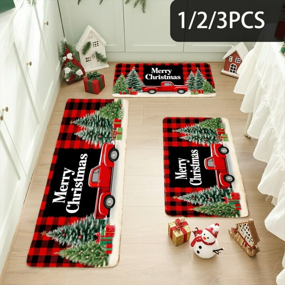 3PCS Kitchen Mat set, Welcome Door Flannel Rug,Home Decor for Front Door,Kitchen, Bathroom, Christmas Trees Red Truck Pattern ,Great gift for Family and Friends.