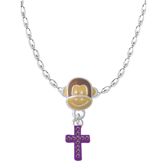 Delight Jewelry Silvertone Small Purple Crystal Cross Mia Monkey Charm Necklace