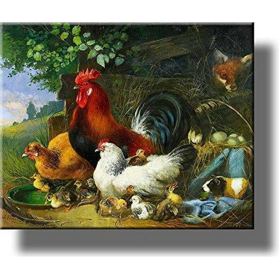 Village Rooster and Chickens Picture on Stretched Canvas, Wall Art D?cor, Ready to Hang!